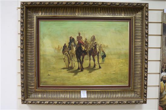 I. El Korvy, oil on canvas, camel train, signed, 48 x 66cm